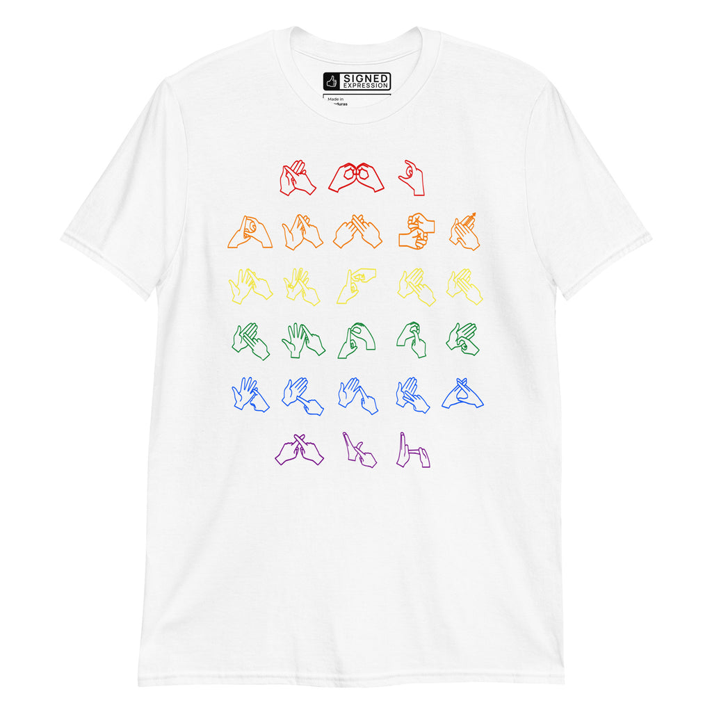 Front view of a white t-shirt with BSL Alphabet - Pride Fingerspelling
