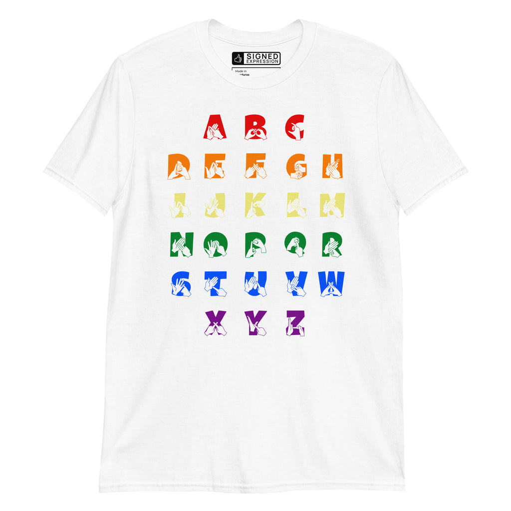 Front view of a white t-shirt with BSL Alphabet - Pride Fingerspelling & Text