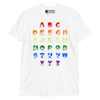 Front view of a white t-shirt with BSL Alphabet - Pride Fingerspelling & Text