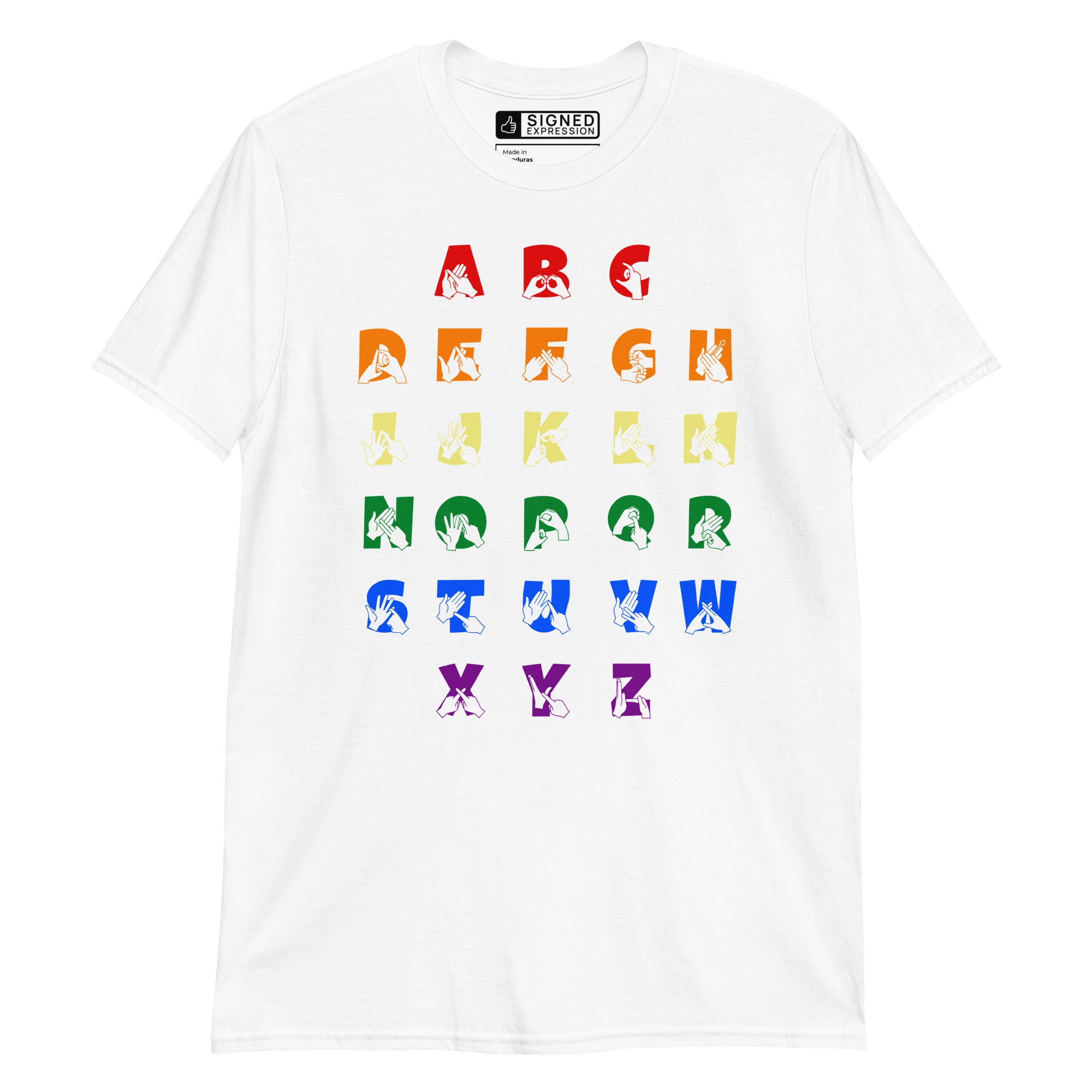 Front view of a white t-shirt with BSL Alphabet - Pride Fingerspelling & Text
