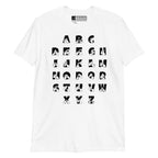 Front view of a white t-shirt with BSL Alphabet - Black Fingerspelling & Text