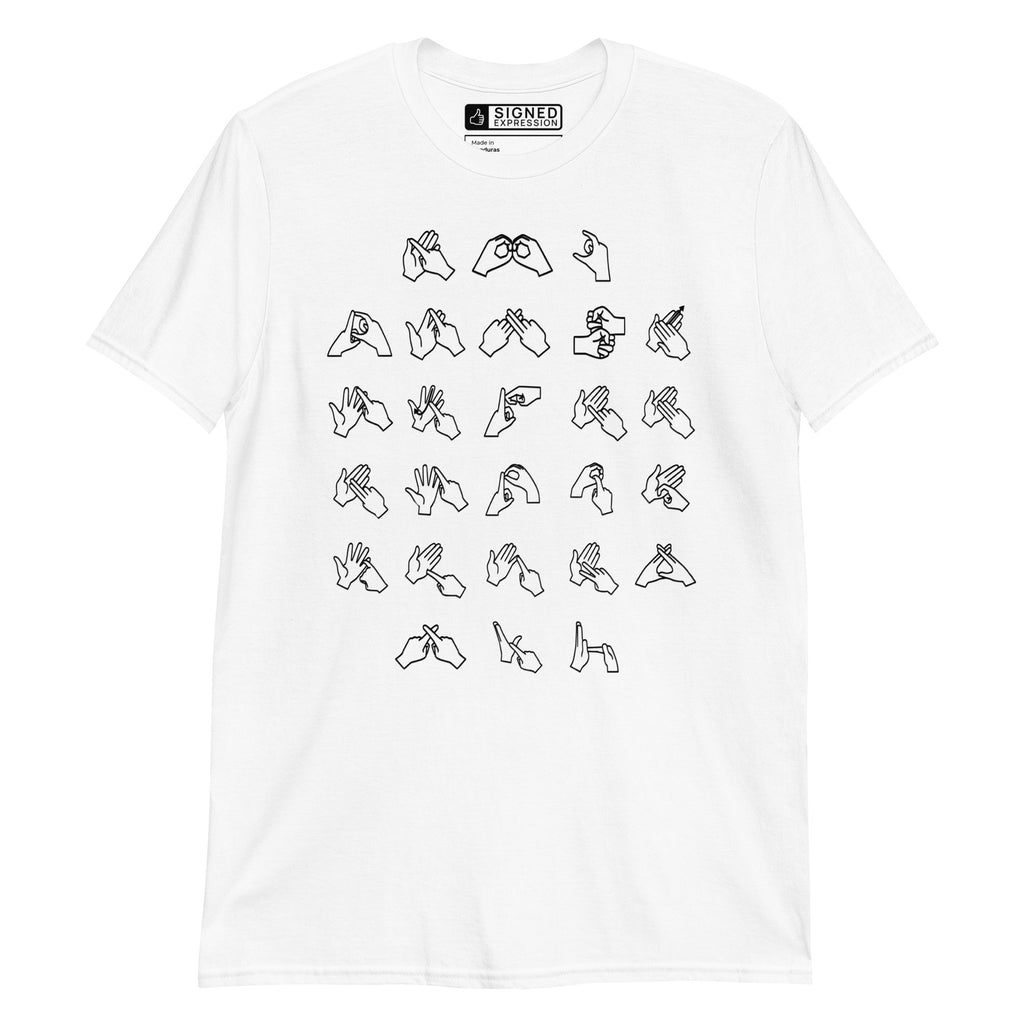 Front view of a white t-shirt with BSL Alphabet - Black Fingerspelling