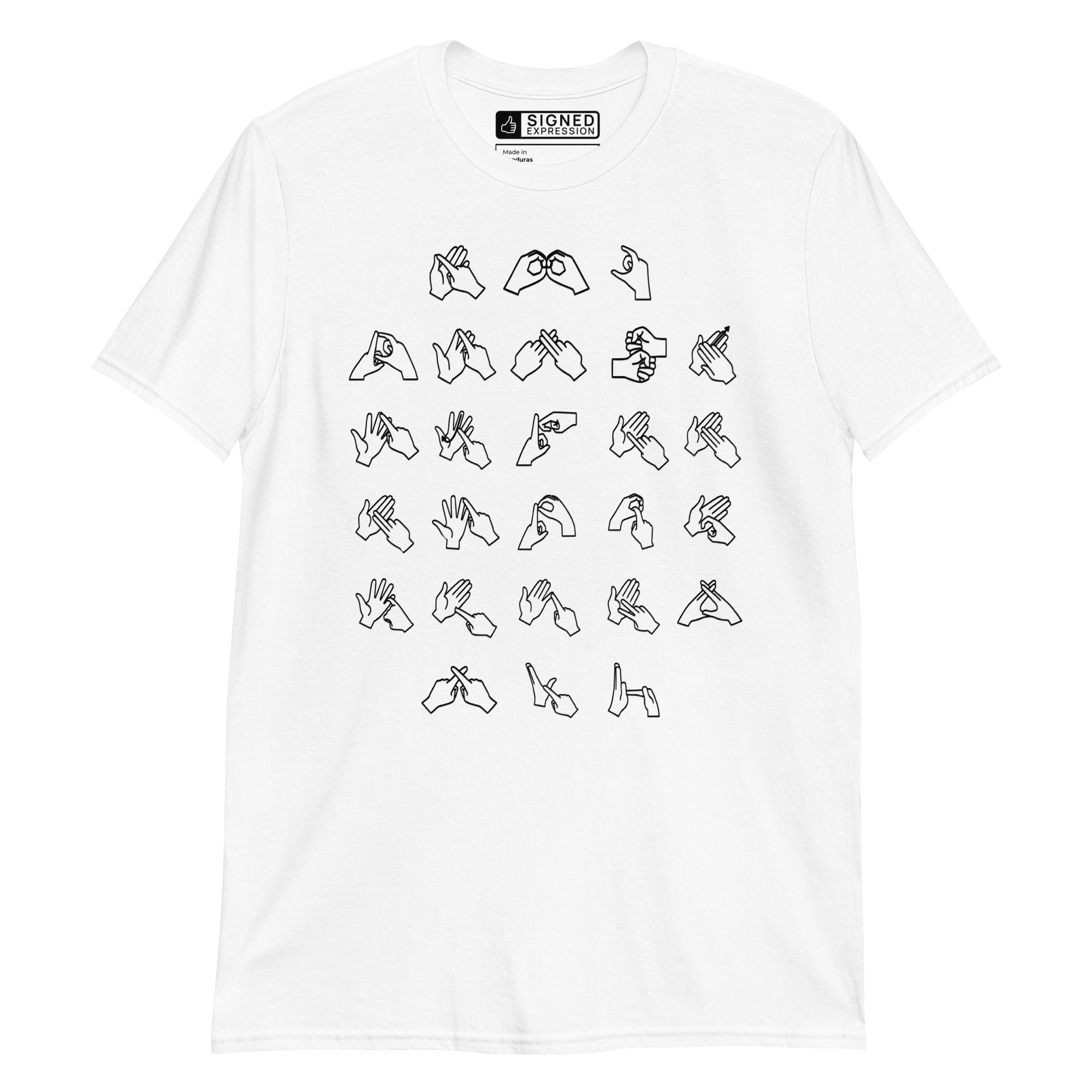 Front view of a white t-shirt with BSL Alphabet - Black Fingerspelling