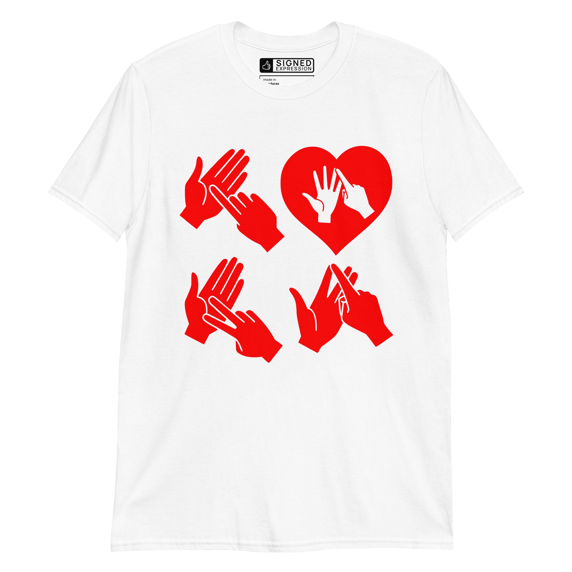White coloured T-Shirt with the word Love in red BSL Fingerspelling with the 'O' embedded in a heart shape