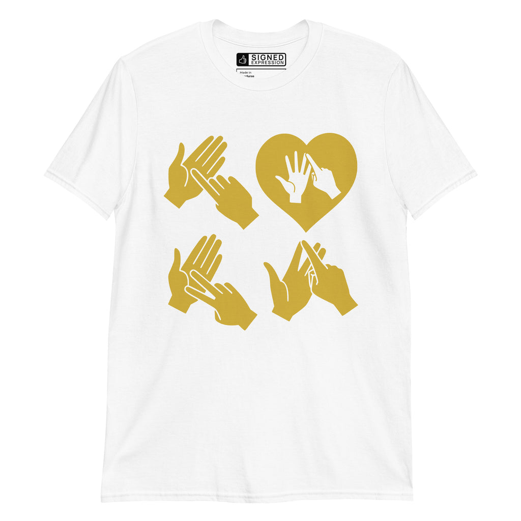 White coloured  T-Shirt with the word Love in gold BSL Fingerspelling with the 'O' embedded in a heart shape