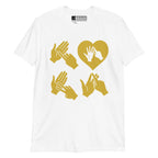 White coloured  T-Shirt with the word Love in gold BSL Fingerspelling with the 'O' embedded in a heart shape