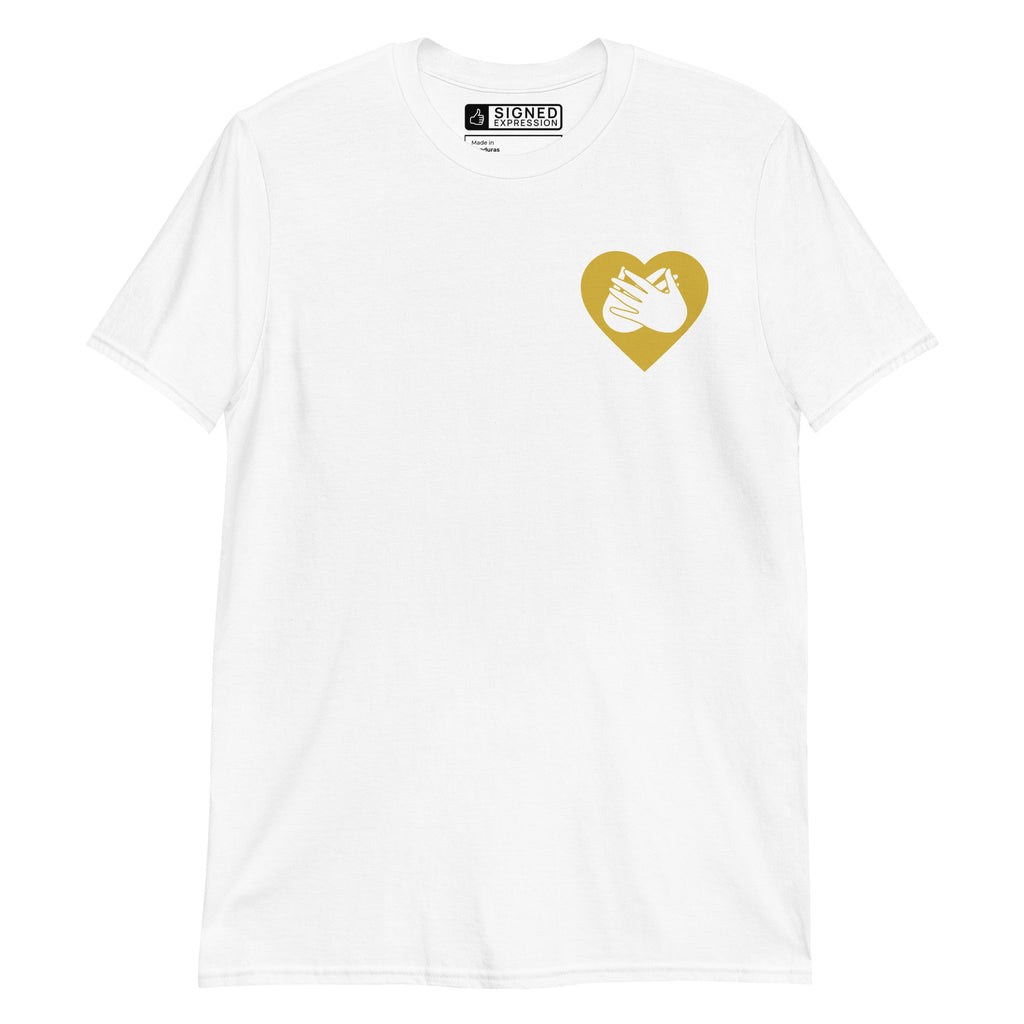 White coloured T-Shirt showing a gold coloured heart and the iconic BSL Love sign embedded in it on the left side of the chest