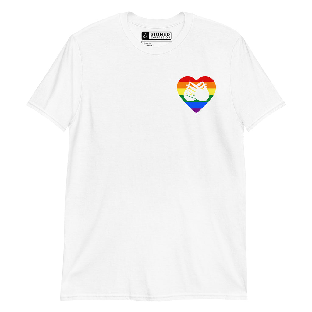 White coloured T-Shirt showing a pride coloured heart and the iconic BSL Love sign embedded in it on the left side of the chest