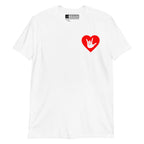 White coloured T-Shirt showing a red coloured heart and the iconic ASL I Love You sign embedded in it on the left side of the chest