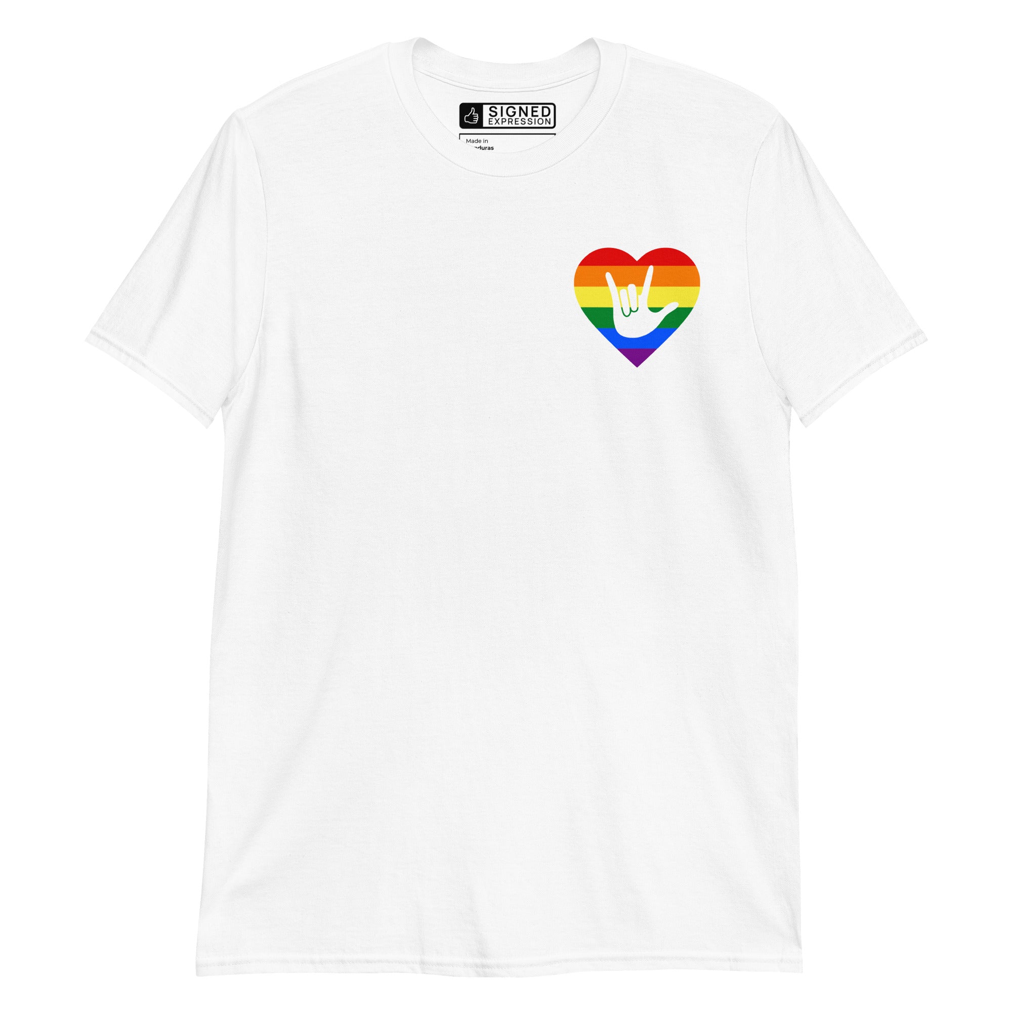 White coloured T-Shirt showing a pride coloured heart and the iconic ASL I Love You sign embedded in it on the left side of the chest