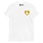 White coloured T-Shirt showing a gold coloured heart and the iconic ASL I Love You sign embedded in it on the left side of the chest