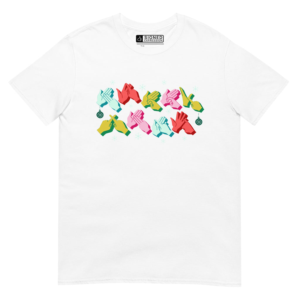 White coloured Merry Christmas t-shirt with snowflakes and BSL design.