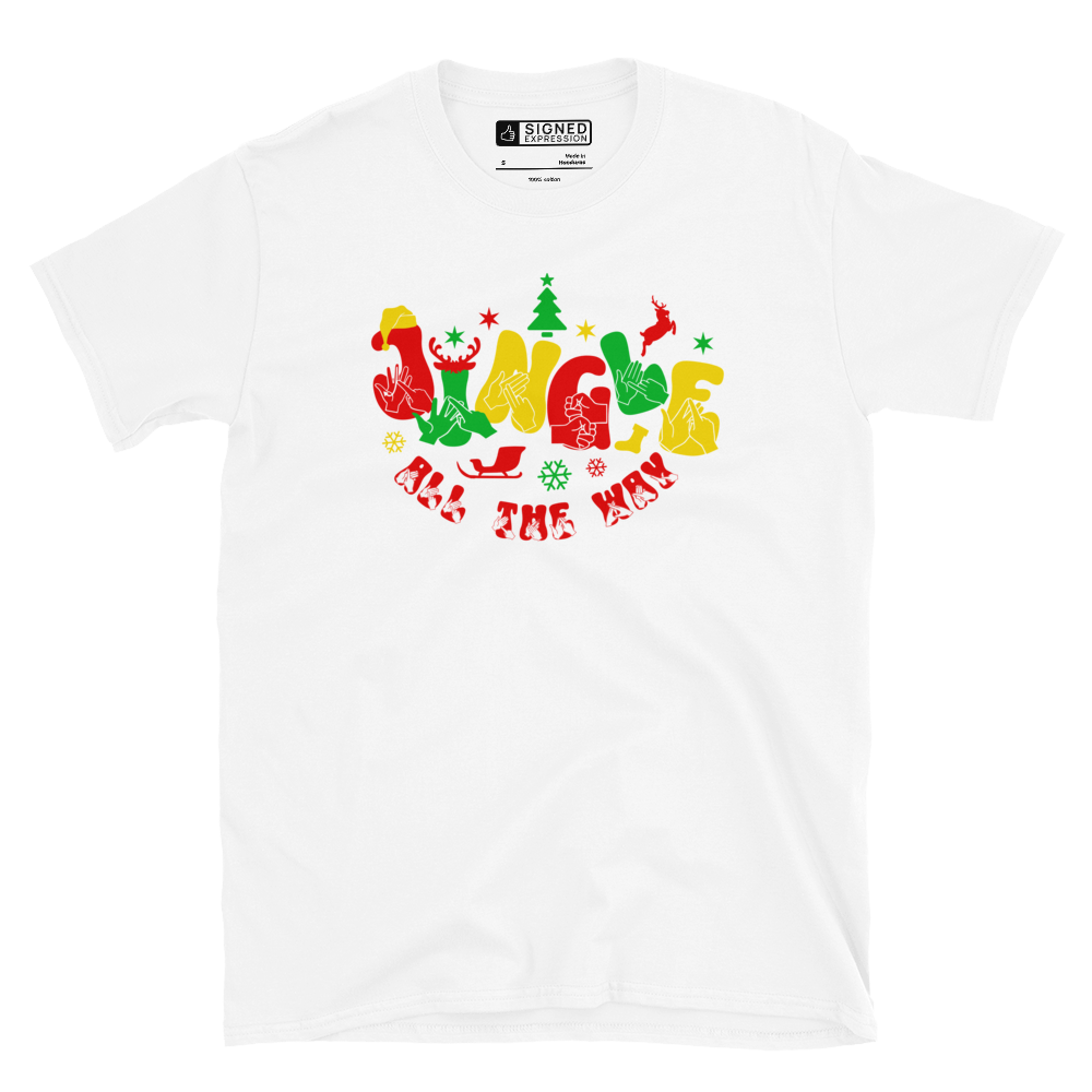 White coloured jingle all the way t-shirt with BSL design.