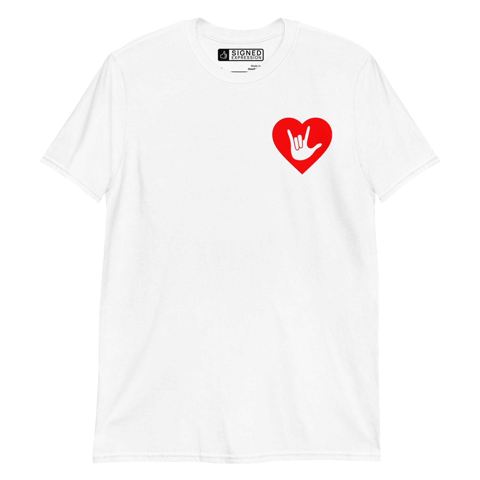 White colored T-Shirt showing a red coloured heart and the iconic ASL I Love You sign embedded in it on the left side of the chest