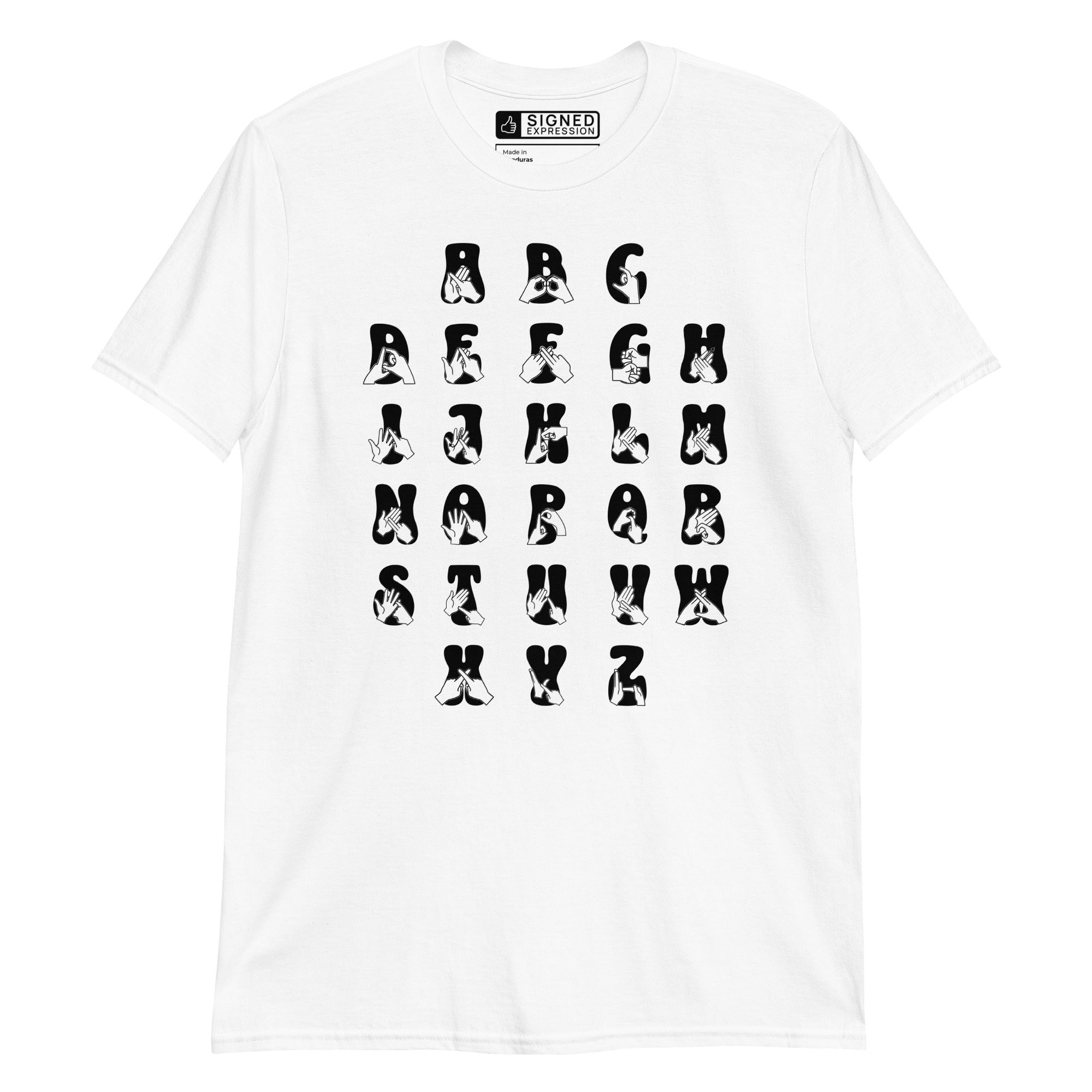 Front view of a white t-shirt with BSL Alphabet - Black Fingerspelling & Text