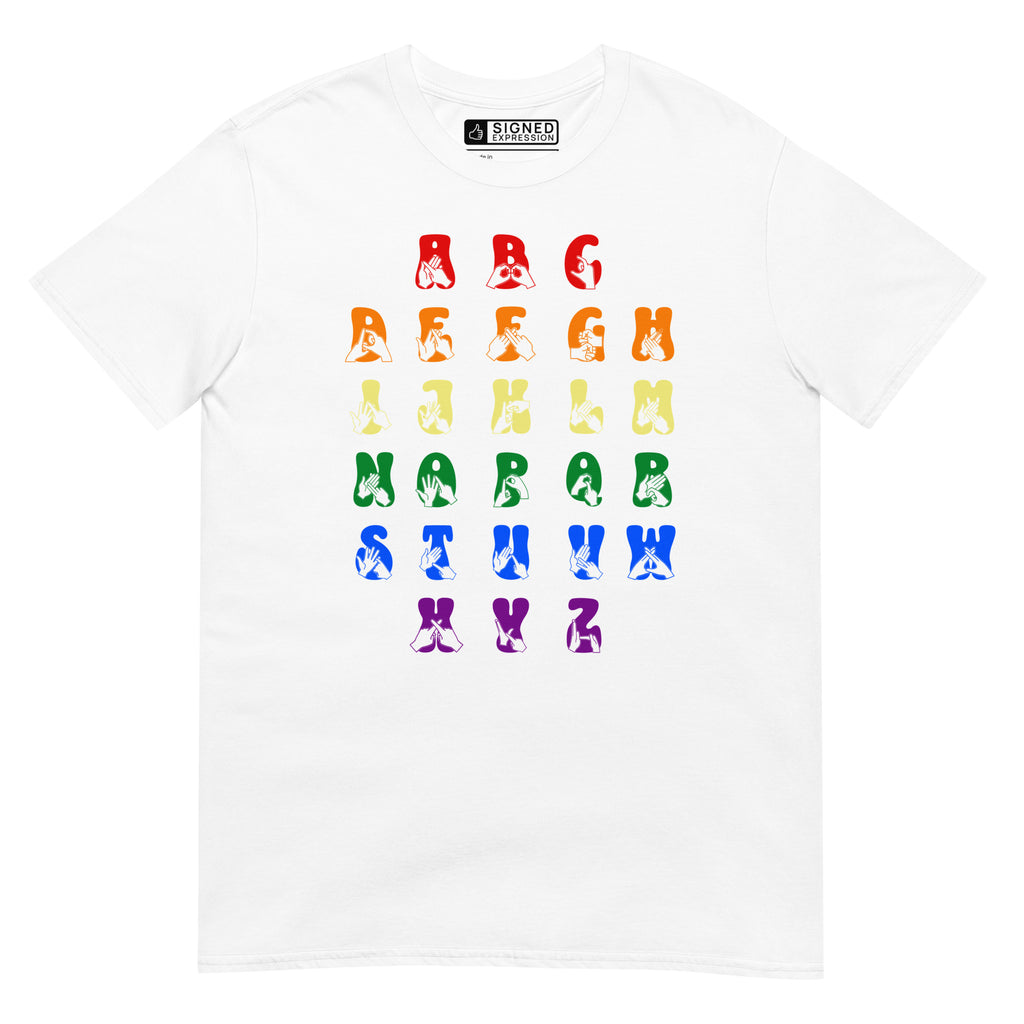 Front view of a white t-shirt with BSL Alphabet - Pride Fingerspelling & Text