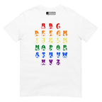 Front view of a white t-shirt with BSL Alphabet - Pride Fingerspelling & Text
