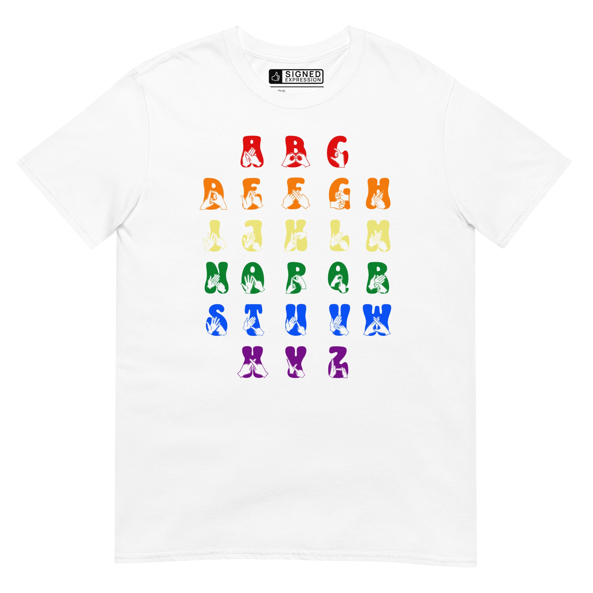 Front view of a white t-shirt with BSL Alphabet - Pride Fingerspelling & Text