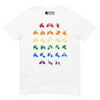 Front view of a white t-shirt with BSL Alphabet - Pride Fingerspelling
