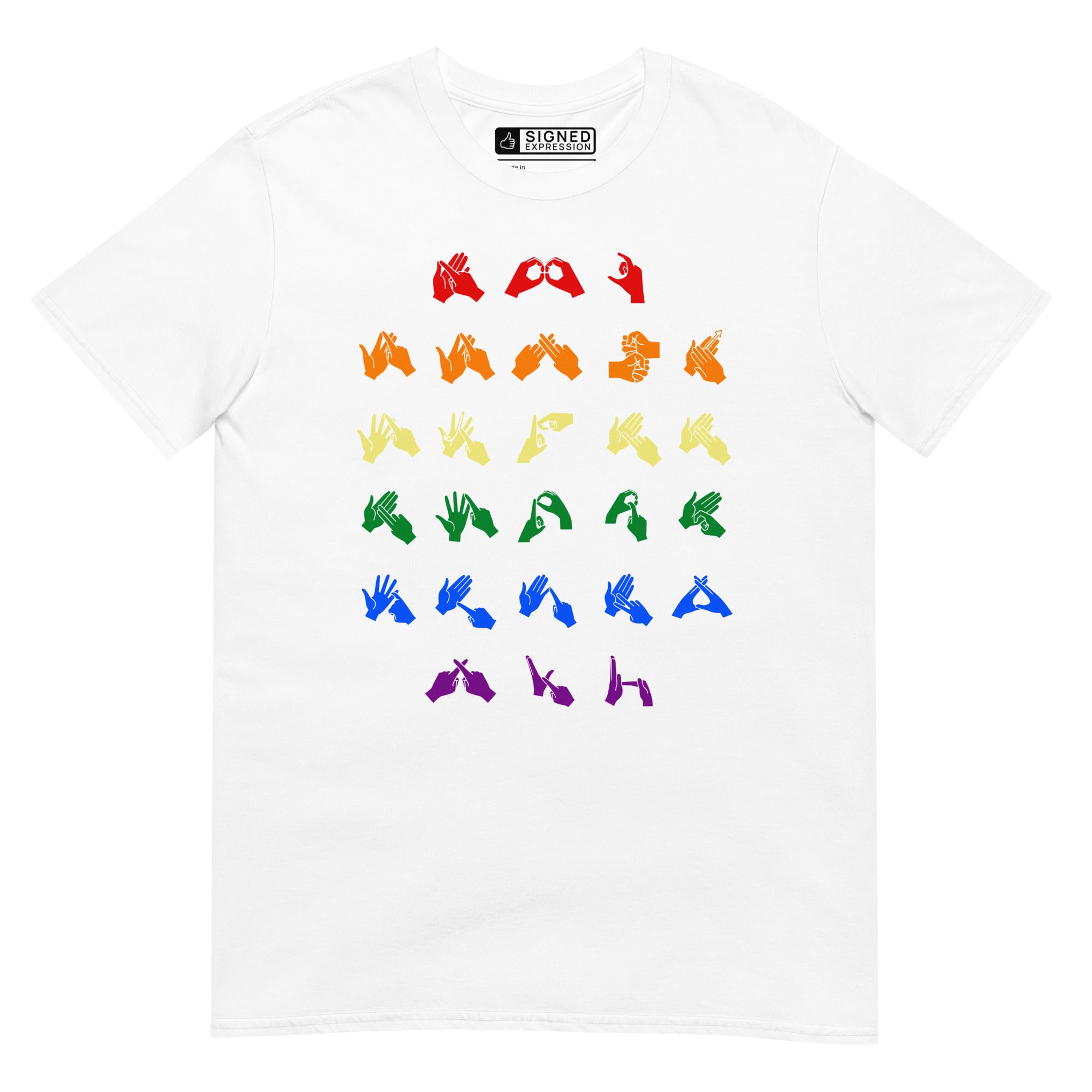 Front view of a white t-shirt with BSL Alphabet - Pride Fingerspelling