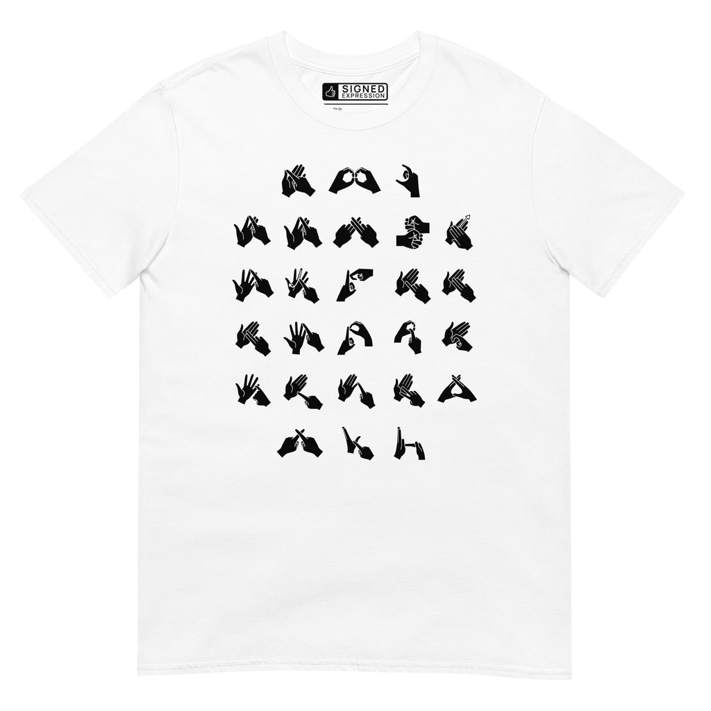 Front view of a white t-shirt with BSL Alphabet - Black Fingerspelling