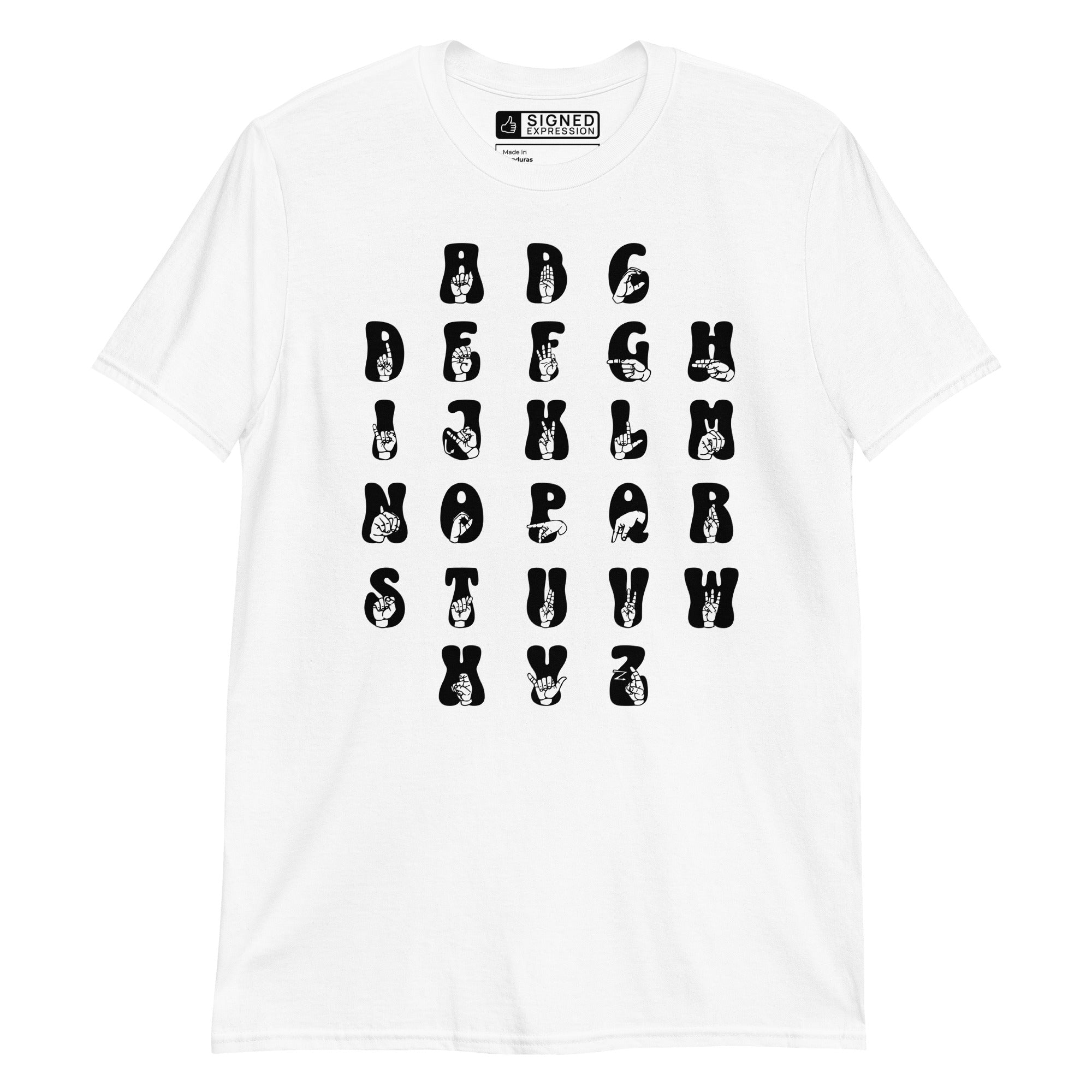 Front view of a white t-shirt with ASL Alphabet - Black Fingerspelling & Text