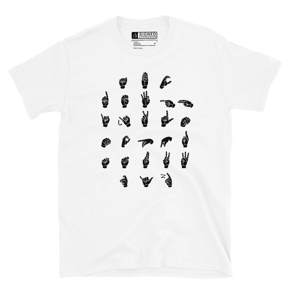 Front view of a white t-shirt with ASL Alphabet - Black Fingerspelling
