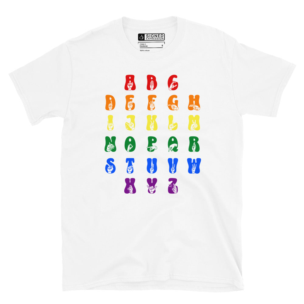 Front view of a white t-shirt with ASL Alphabet - Pride Fingerspelling & Text