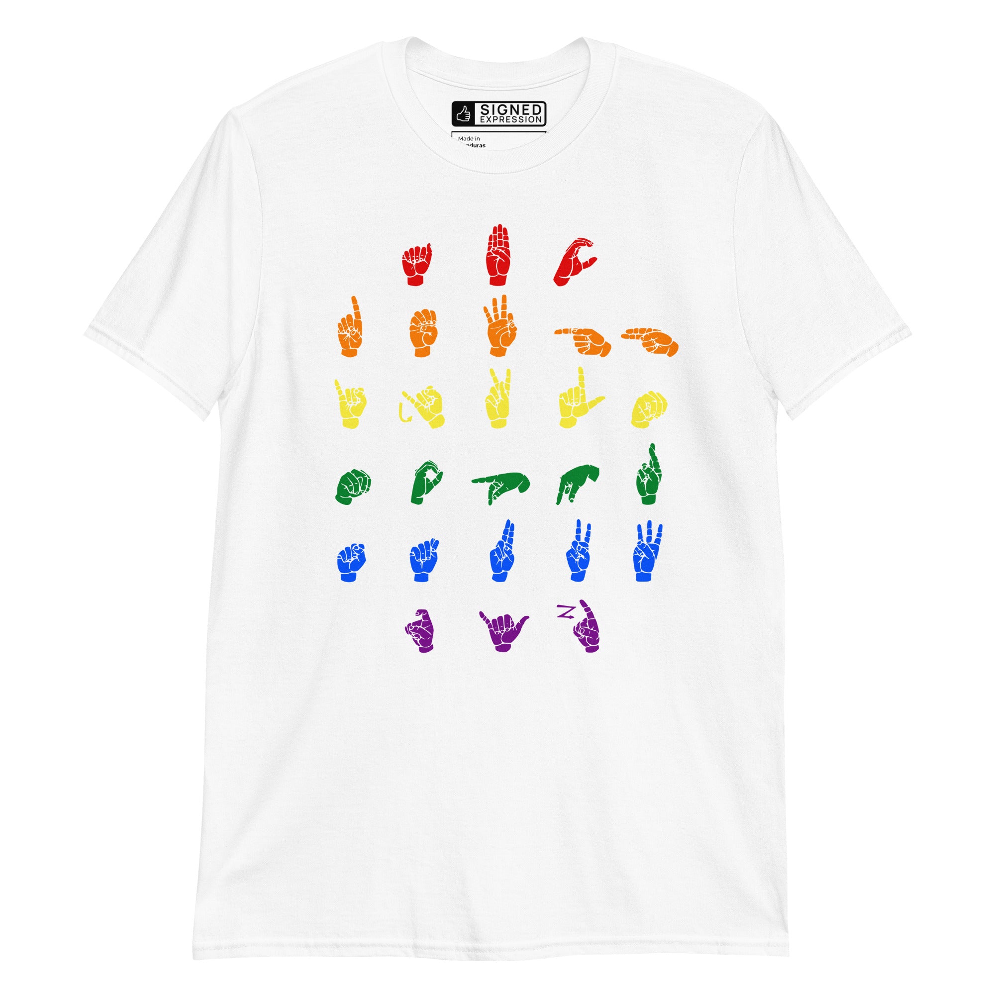 Front view of a white t-shirt with ASL Alphabet - Pride Fingerspelling