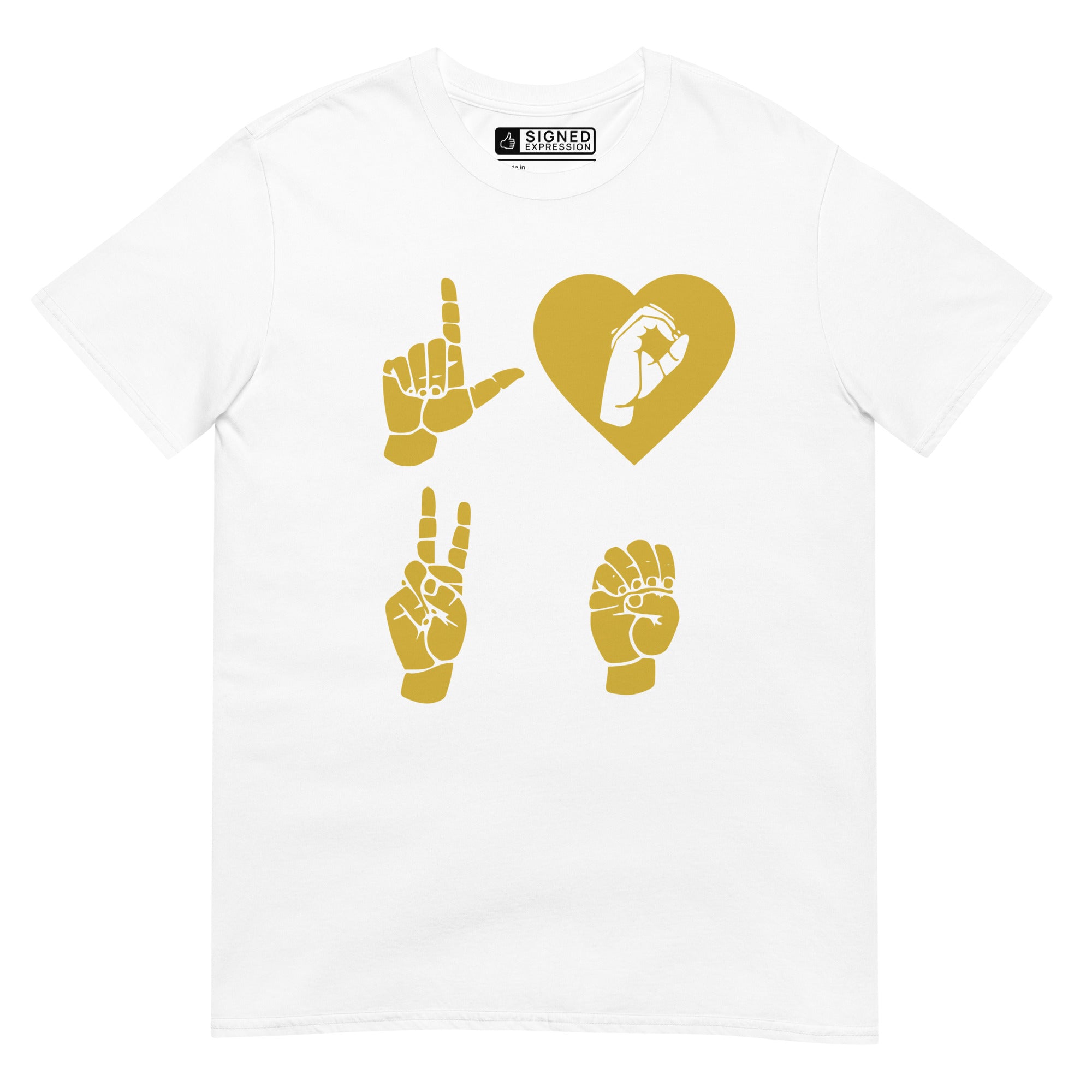 White coloured  T-Shirt with the word Love in gold ASL Fingerspelling with the 'O' embedded in a heart shape