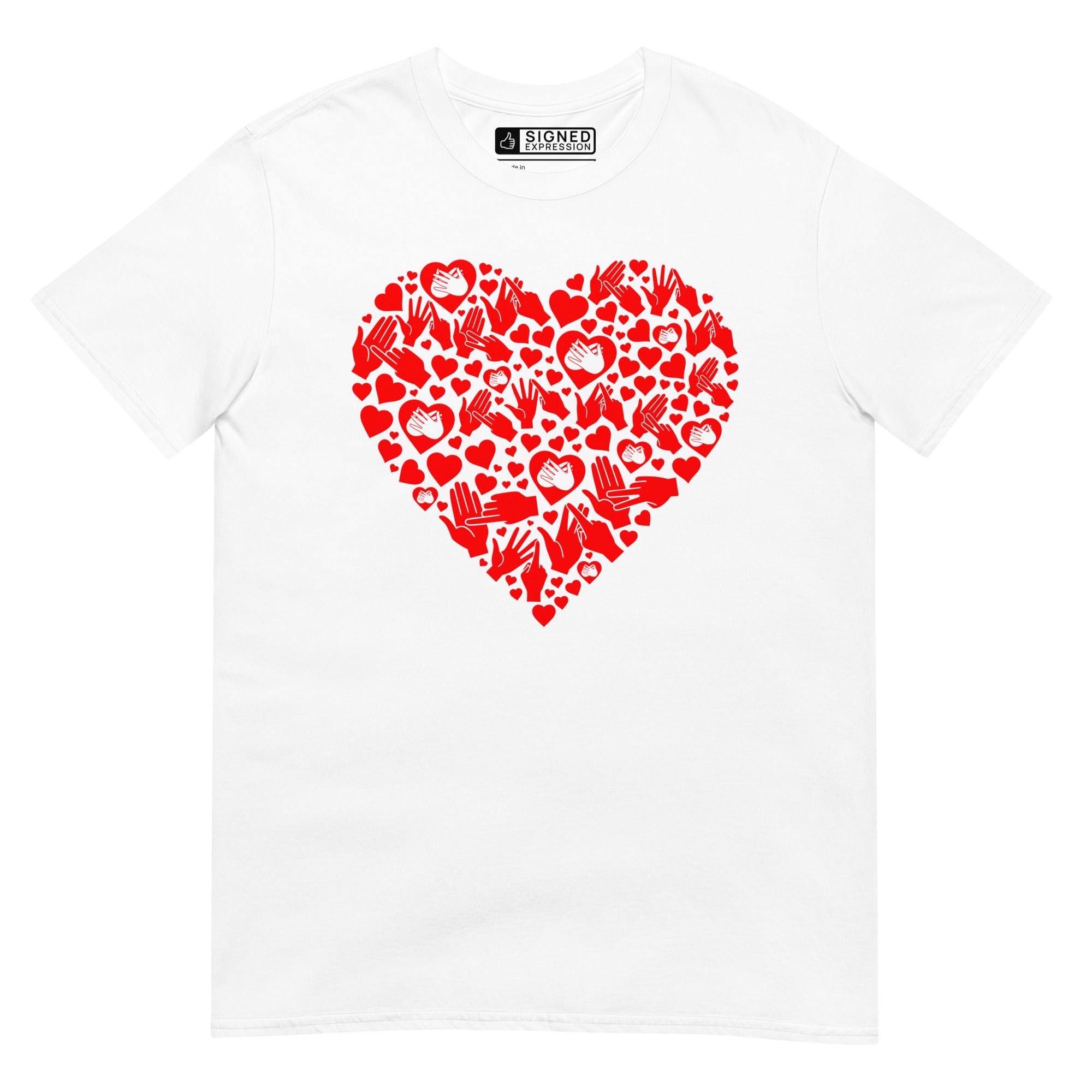 White coloured T-Shirt showing a red  coloured heart shaped mosaic formed from smaller love hearts, BSL fingerspelling that spells LOVE, and heart shapes embedded with the BSL sign for love