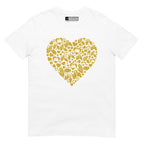 White coloured T-Shirt showing a gold coloured heart shaped mosaic formed from smaller love hearts, BSL fingerspelling that spells LOVE, and heart shapes embedded with the BSL sign for love