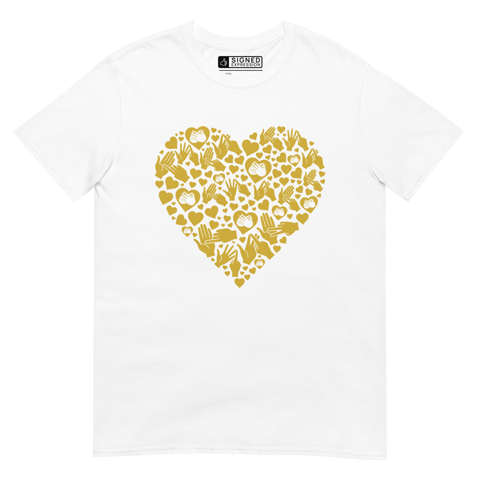 White coloured T-Shirt showing a gold coloured heart shaped mosaic formed from smaller love hearts, BSL fingerspelling that spells LOVE, and heart shapes embedded with the BSL sign for love
