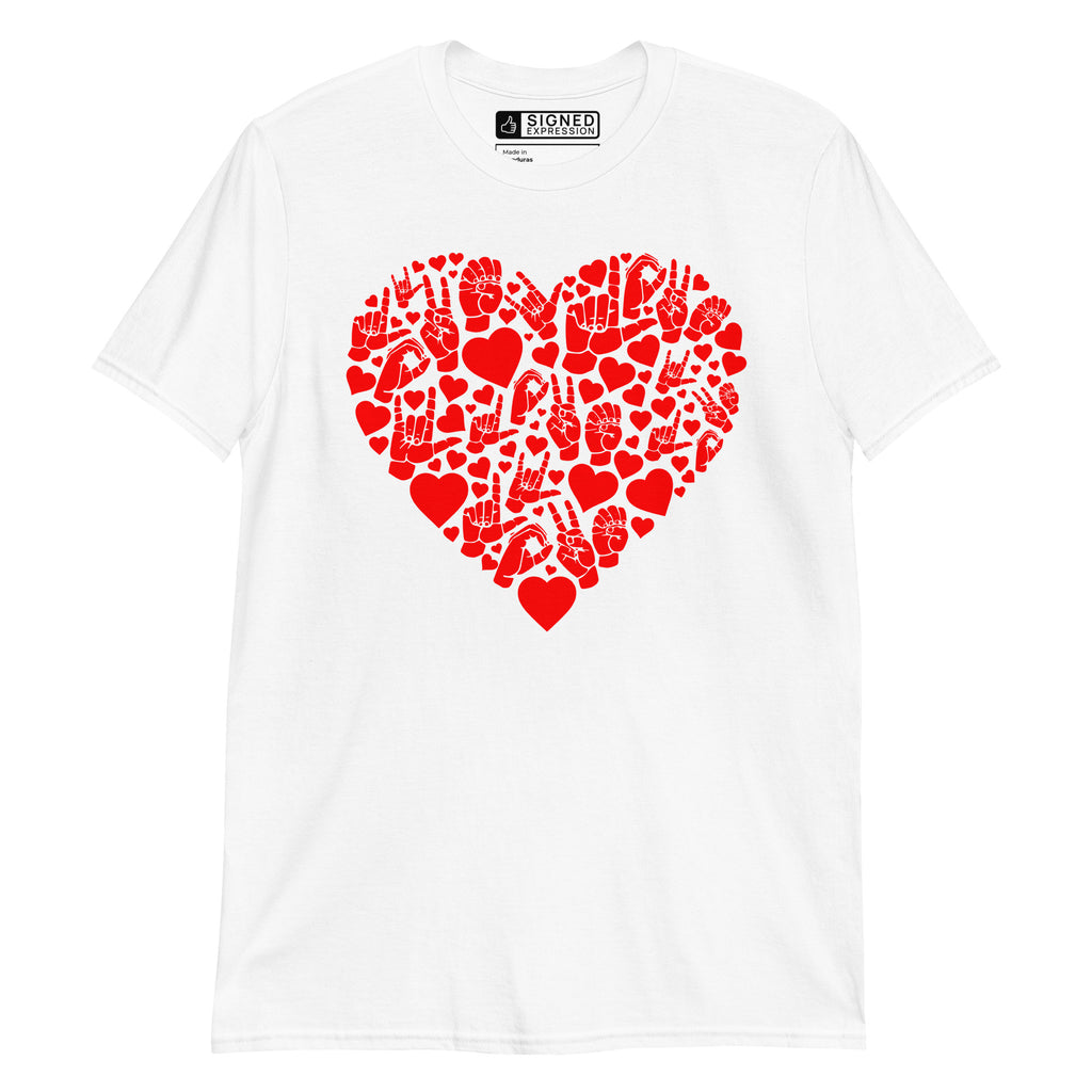 White coloured T-Shirt showing a red  coloured heart shaped mosaic formed from smaller love hearts, ASL fingerspelling that spells LOVE, and the ASL sign for I love you