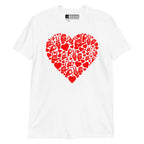 White coloured T-Shirt showing a red  coloured heart shaped mosaic formed from smaller love hearts, ASL fingerspelling that spells LOVE, and the ASL sign for I love you