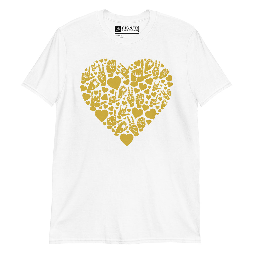 White colored T-Shirt showing a gold colored heart shaped mosaic formed from smaller love hearts, ASL fingerspelling that spells LOVE, and the ASL sign for I love you