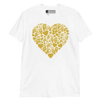 White colored T-Shirt showing a gold colored heart shaped mosaic formed from smaller love hearts, ASL fingerspelling that spells LOVE, and the ASL sign for I love you