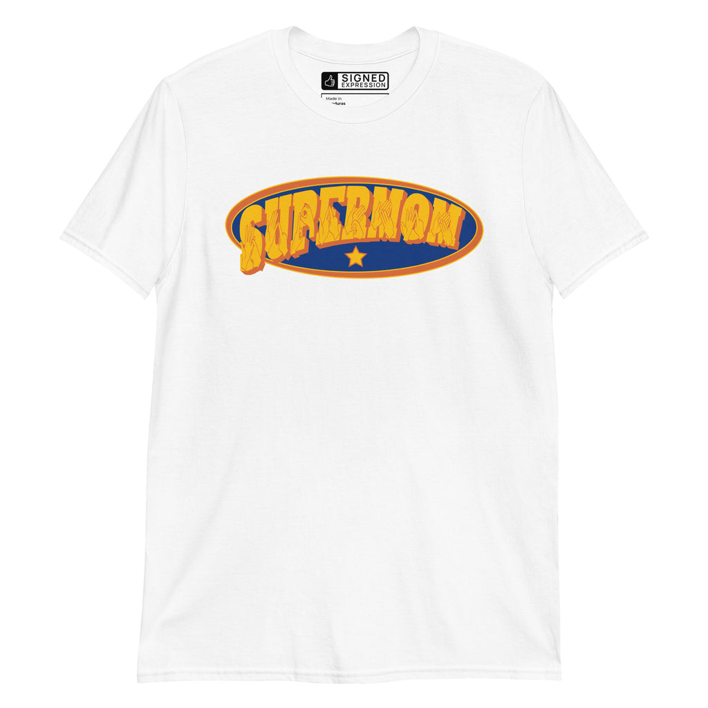 White coloured T-Shirt showing a Supermom BSL design