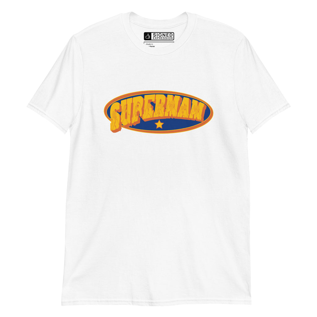 White coloured T-Shirt showing a Supermam BSL design