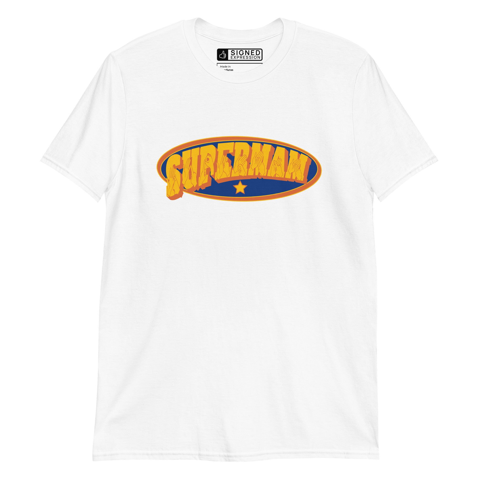 White coloured T-Shirt showing a Supermam BSL design
