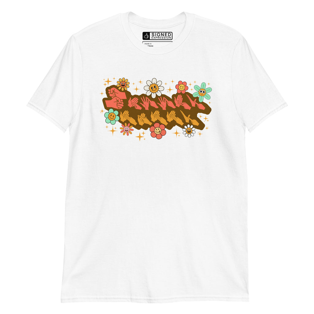 White coloured T-Shirt showing a Groovy Mammy BSL design