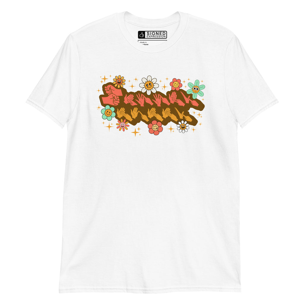 White coloured T-Shirt showing a Groovy Mummy BSL design