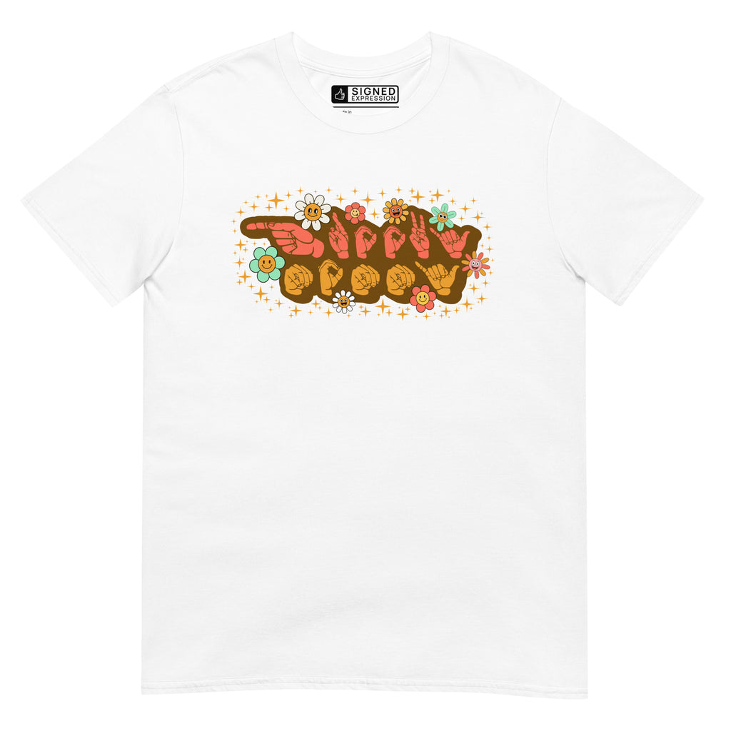 White colored T-Shirt showing a Groovy Mommy ASL design