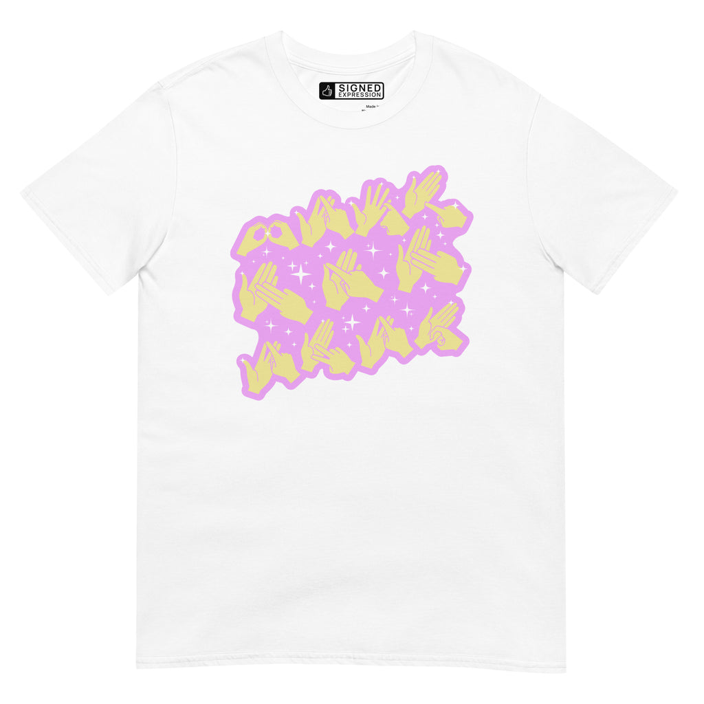 White coloured T-Shirt showing a Best Mam Ever BSL fingerspelling design