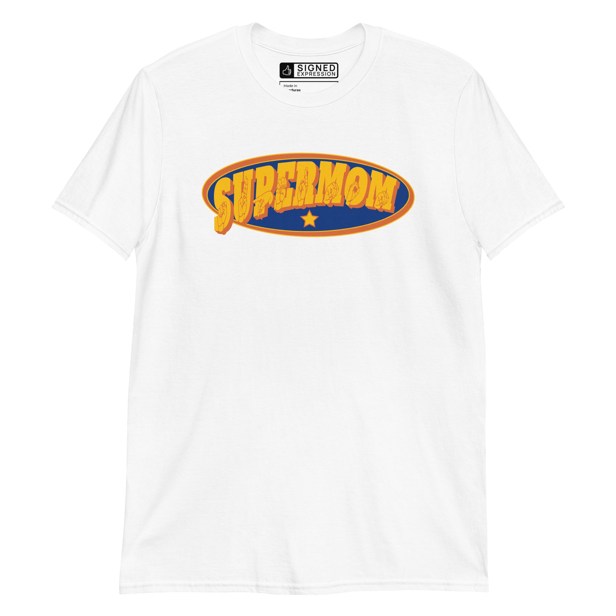 White colored T-Shirt showing a Supermom ASL design