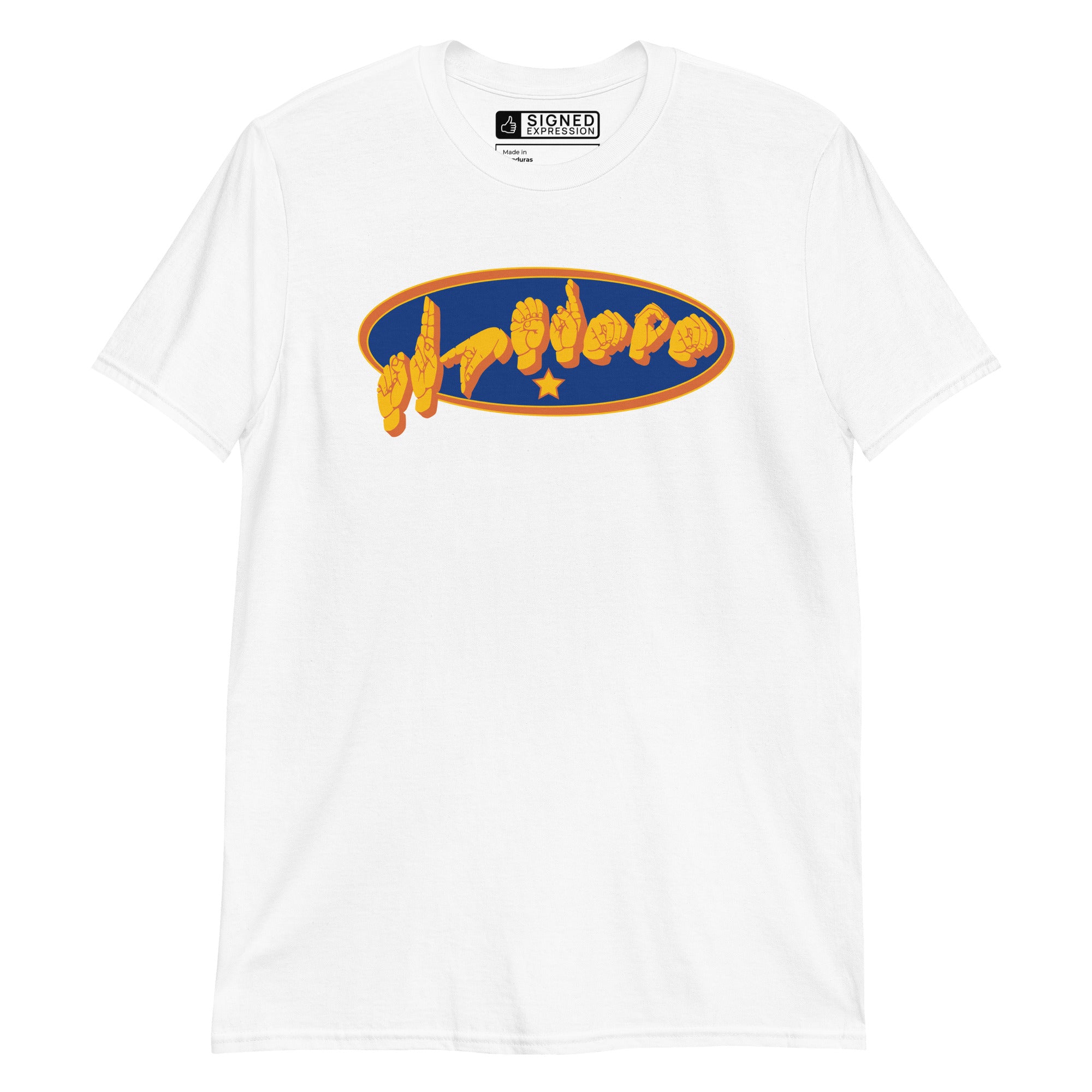 White colored T-Shirt showing a Supermom ASL fingerspelling design