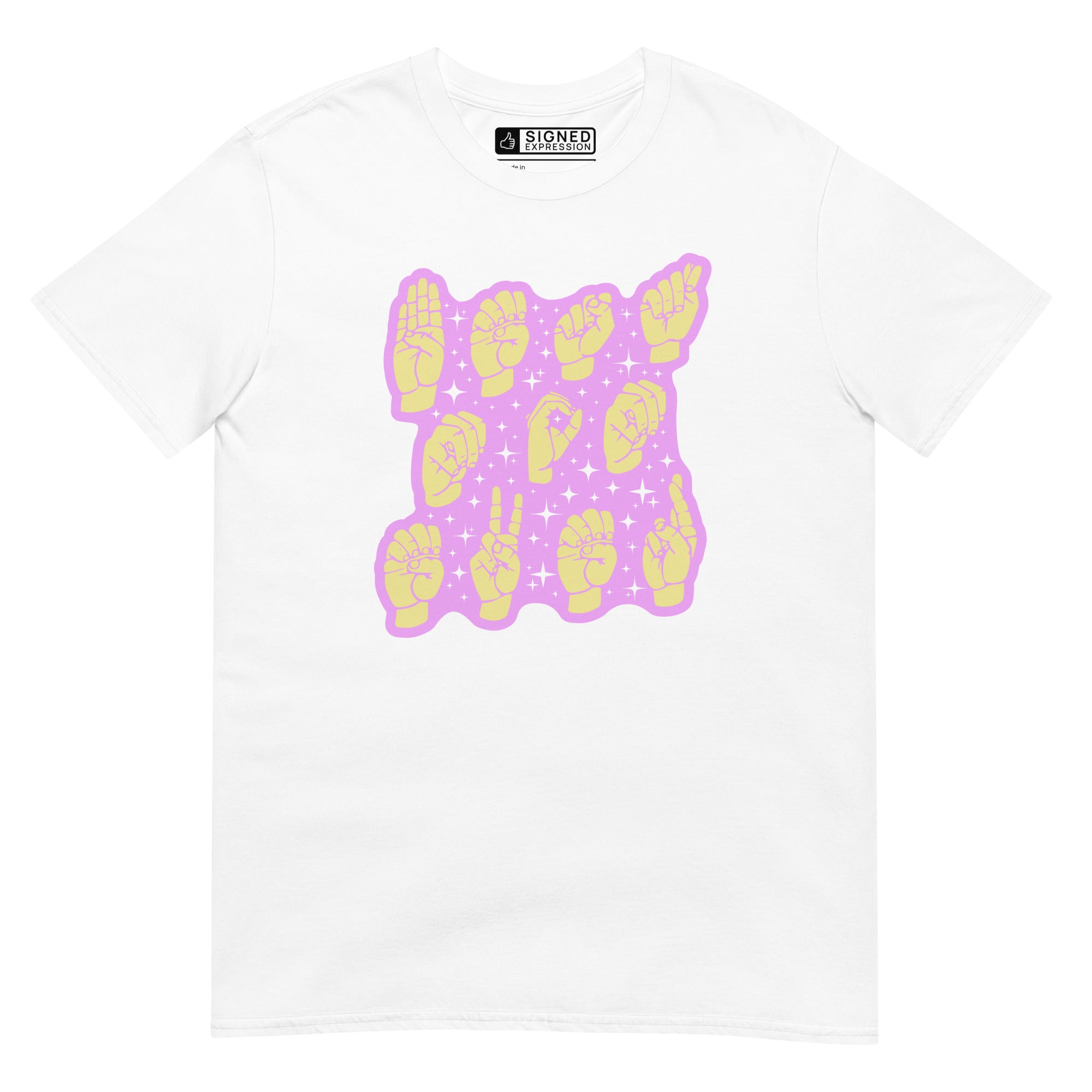White colored T-Shirt showing a Best Mom Ever ASL fingerspelling design
