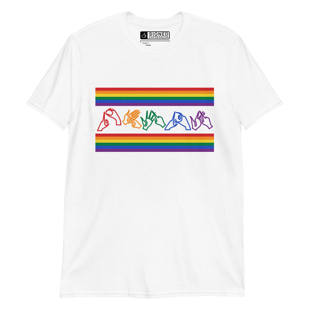 White t-shirt with pride rainbow stripes and the word pride in BSL fingerspelling