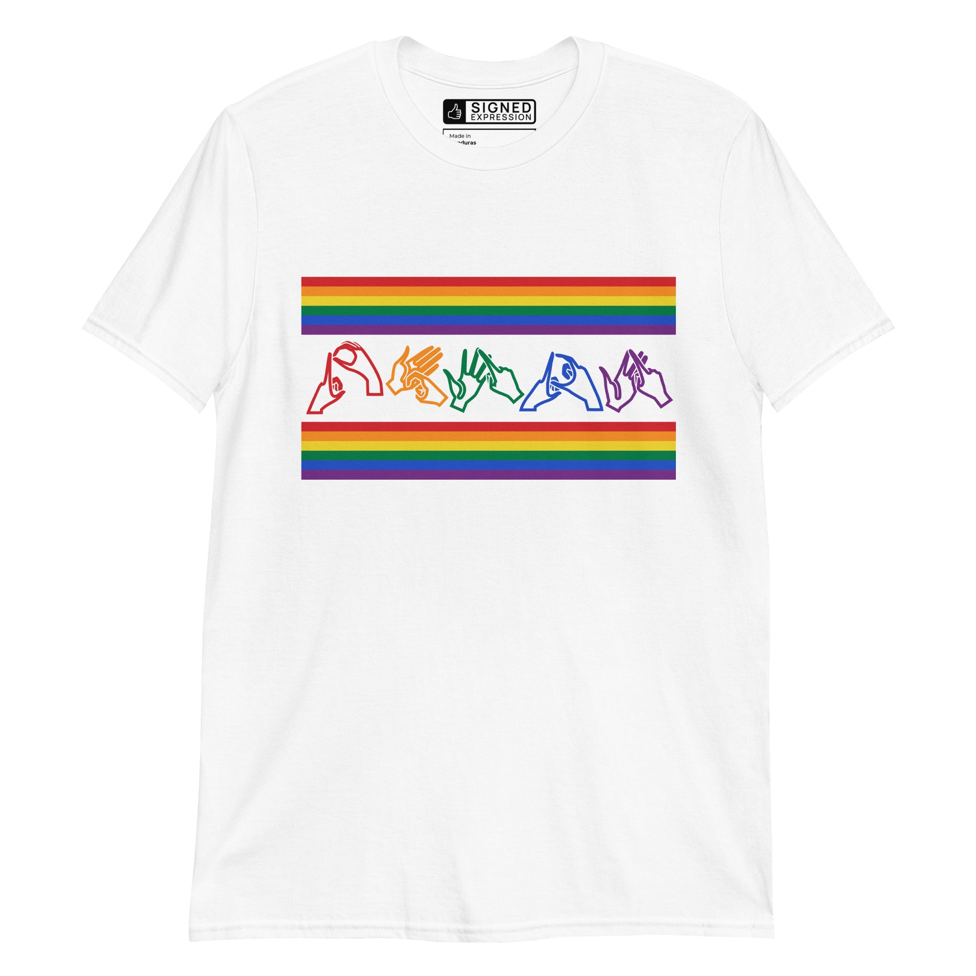 White t-shirt with pride rainbow stripes and the word pride in BSL fingerspelling