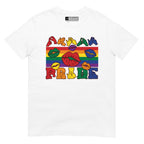 White t-shirt with pride rainbow stripes, colourful kissing lips and the word pride in BSL fingerspelling